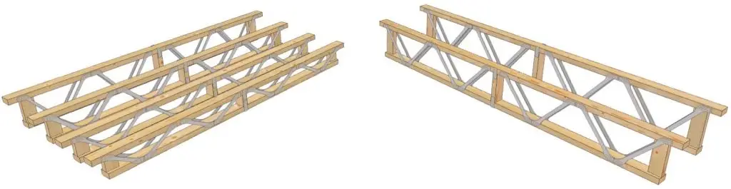 Posi-Joist 3D-render, hout met V-vormig staalweb