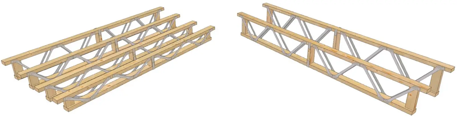 Posi-Joist 3D-render, hout met V-vormig staalweb